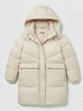Zara Light Cream Quilted Hooded Puffer Coat girls 7